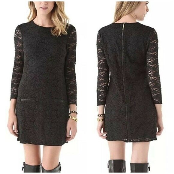 $298 Juicy Couture Sz XS Black Lace Mini Dress Faux Leather Trim Shift Sheath - Picture 7 of 12